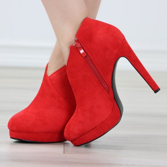 Red Platform Ankle Boots High Heel Stilettos Faux Suede - Picture 8 of 12